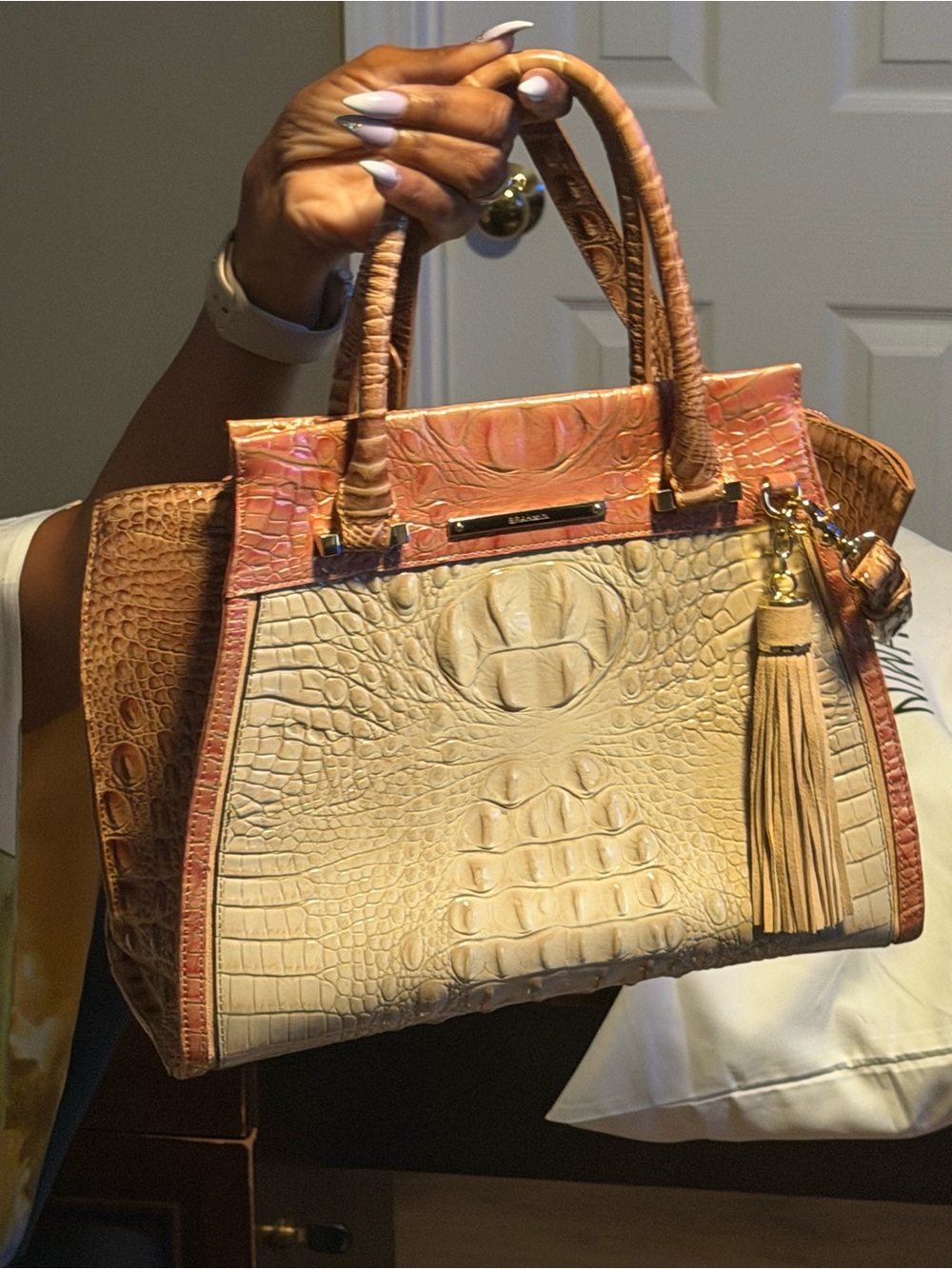 Structured Croc-Embossed Tote Bag in Beige and Tan
